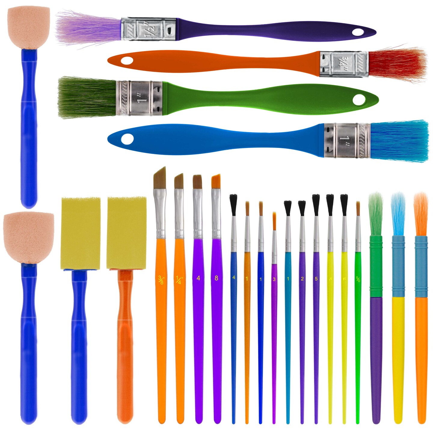 U.S. Art Supply 25-Piece Children&#x27;s All Purpose Paint Brush Set - 6 Types, Flat, Round, Chip, Mop, Foam Tipped Brushes - Kid&#x27;s Party, Student Painting