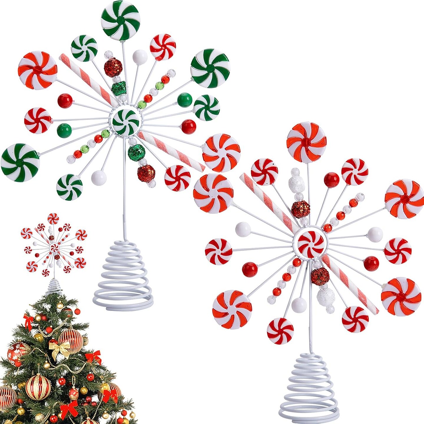 2PCS Candy Snowflake Tree Topper - Peppermint Candy Cane Christmas Tree Top Decorations - Christmas Candy Tree Topper for Xmas Holiday Party Gift D&#xE9;cor