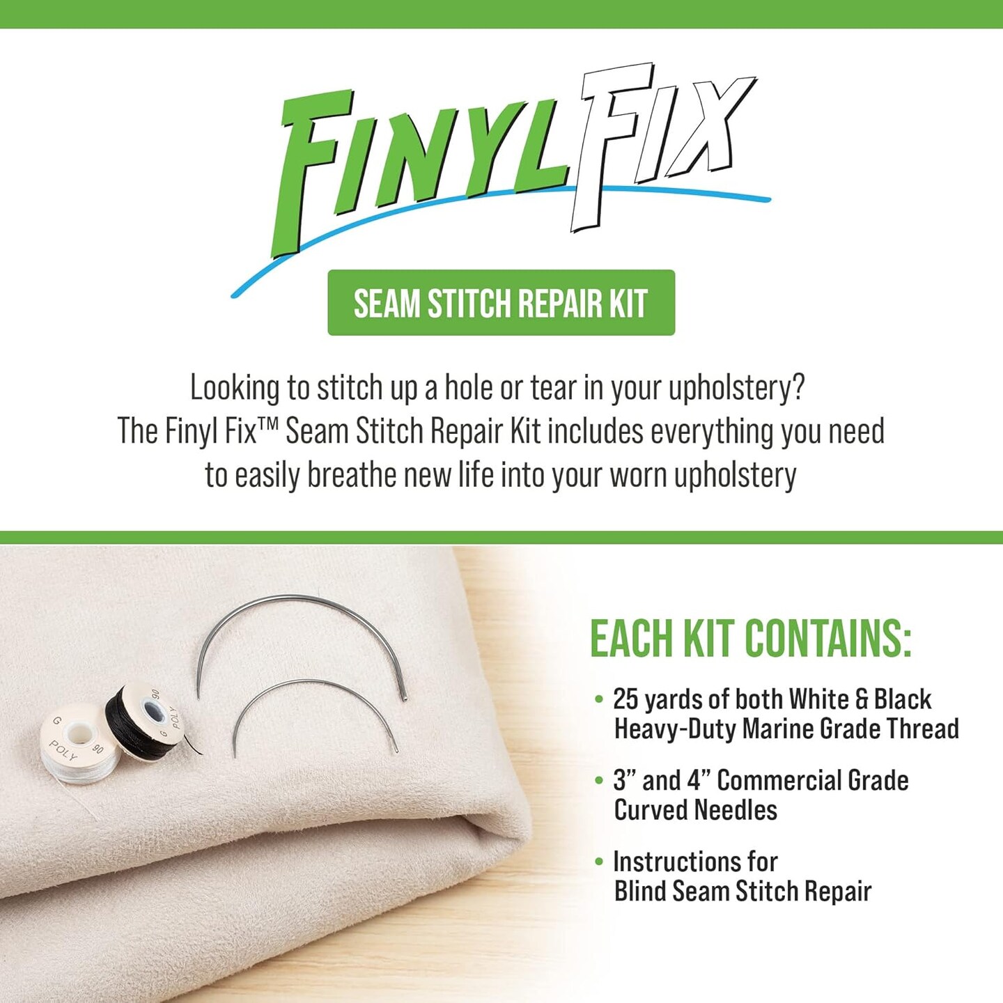 Seam Stitch Repair Kit | Restore Seam Damage on Vinyl, Fabric, Leather, Heavy Canvas on Car/Boat Seats, Furniture, Clothes | Vinyl Repair Kit, Sewing Kit with Black &#x26; White Thread