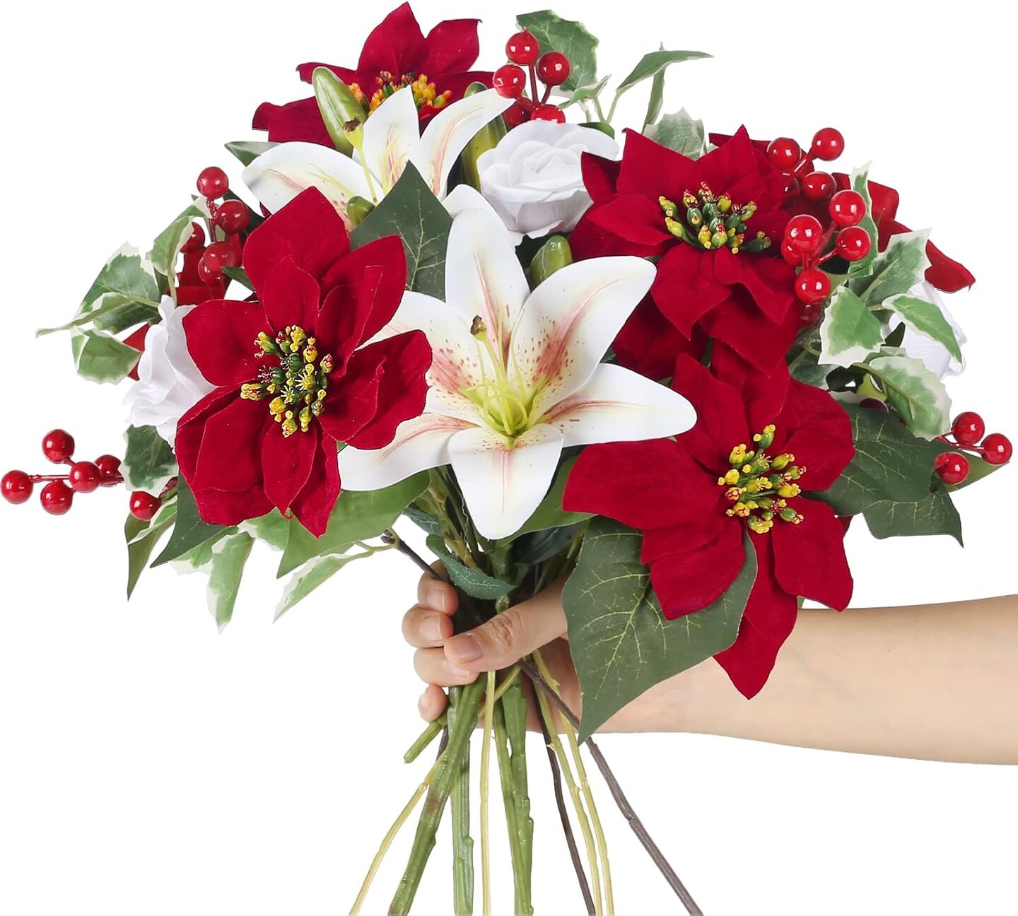 Flowers Head Christmas Flowers Silk Floral Arrangement Tiger Lily Rose with Red Berries for Porch Home Table Decor Indoor Outdoor Xmas Holiday Party