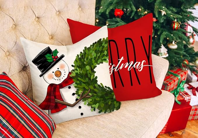 Red Christmas Pillow Covers 18x18 Set of 4 Farmhouse Christmas Decorations Snowman Wreath Santa Claus Tree Merry Christmas Holly Jolly Winter Holiday Decor Throw Cushion Case for Home Couch S22C17