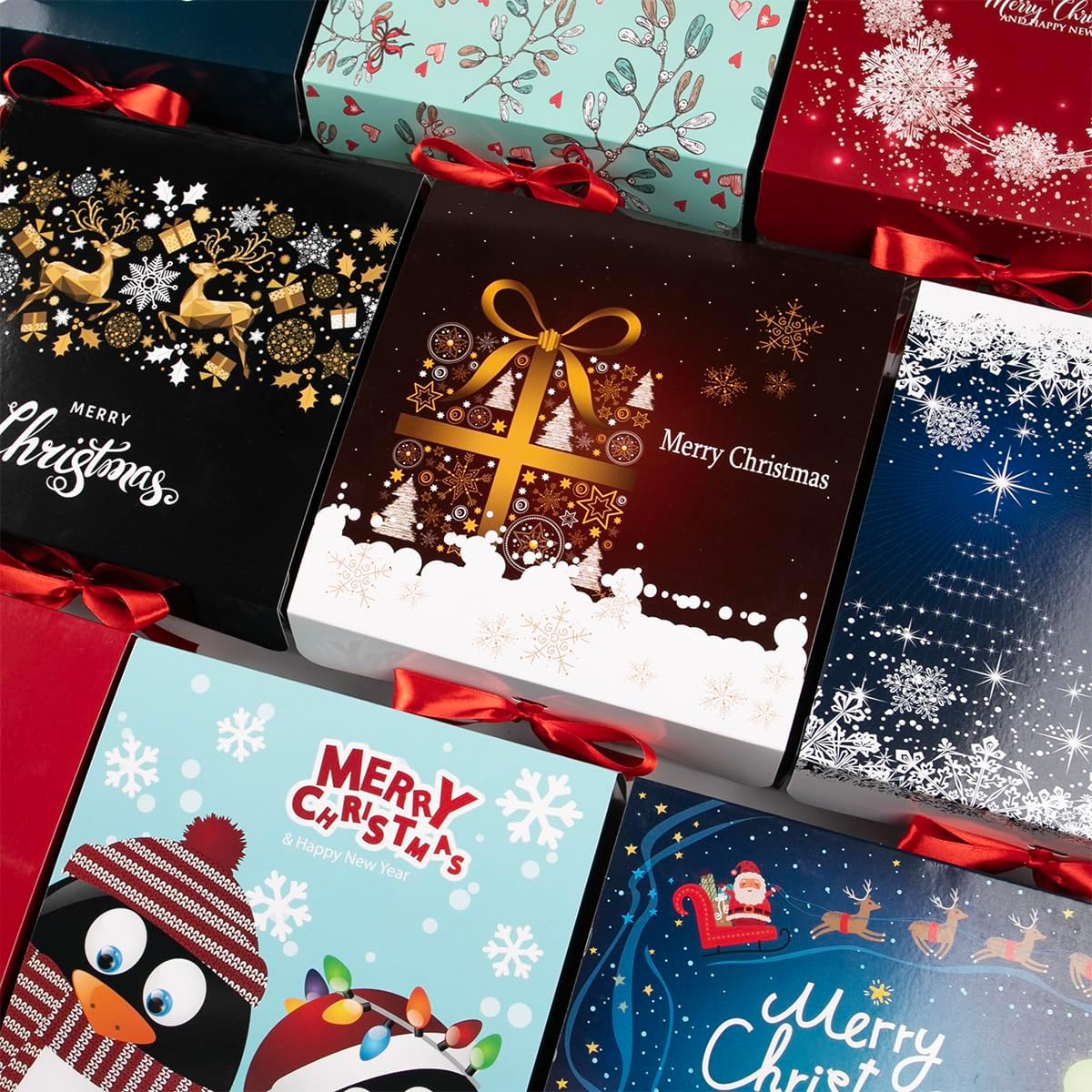 Christmas Gift Boxes with Lids, 6 Pack Gift Boxes and Red Ribbon Christmas Themed Pattern Small Gift Boxes for Christmas Presents Gifts Easy Assemble