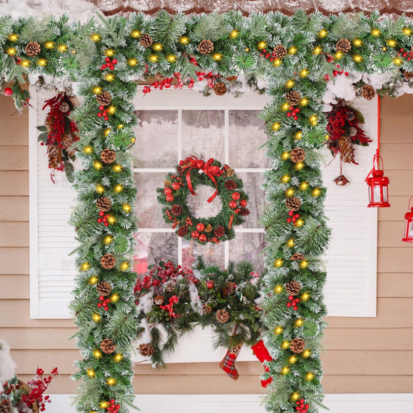 9 FT Christmas Garland with Lights, Pre-lit Xmas Garland Battery Operated Lighted with Timers Pine Cone Berrirs Lush Branches,Christmas Garlands Decoration for Mantle Stair Fireplace Indoor Outdoor