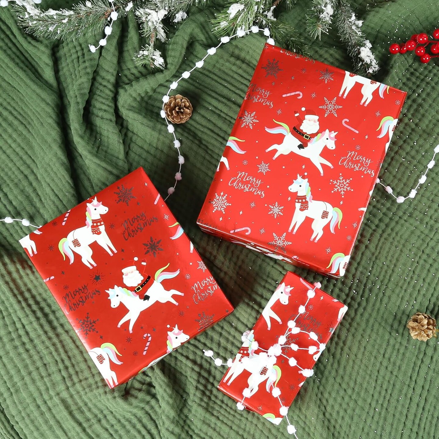 LaRibbons Reversible Christmas Wrapping Paper Jumbo Roll With Pink Pom Pom, Classic Deer And Confetti Gift Wrap Set For Christmas, Holiday, Winter - View #6