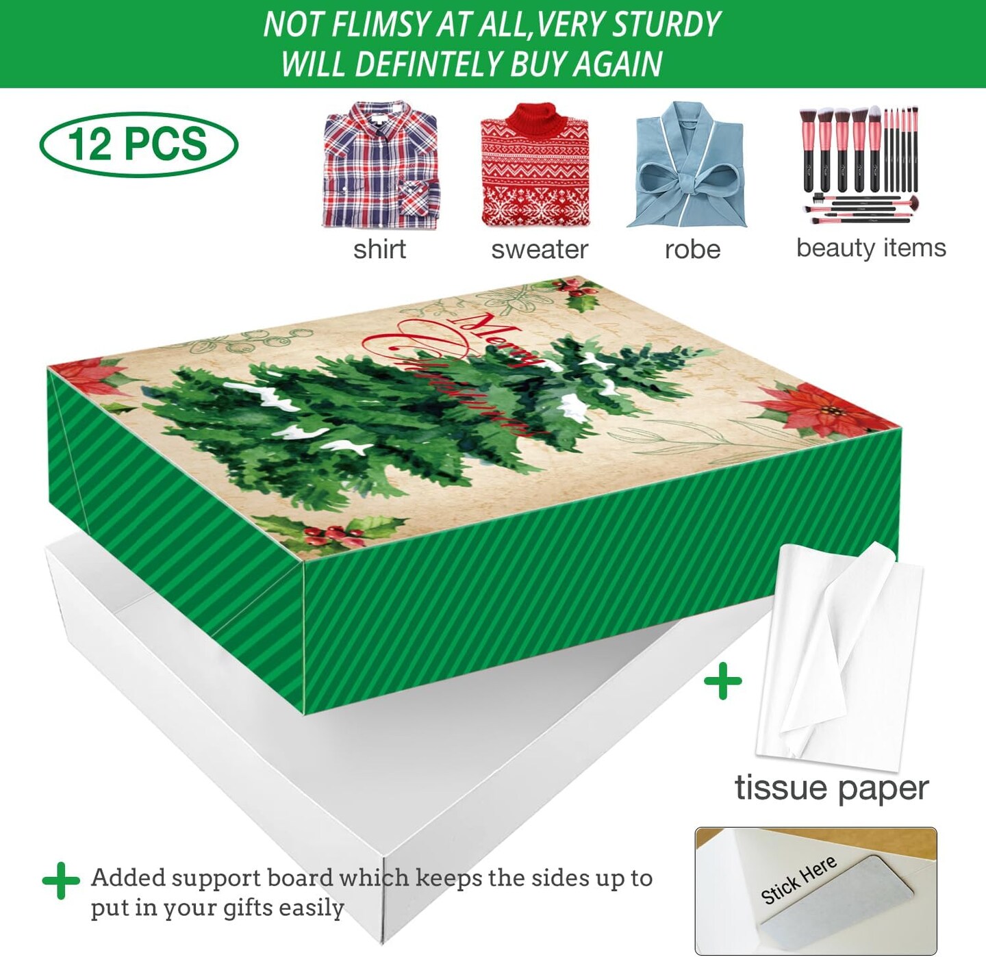 12 Large Christmas Gift Wrap Boxes bulk with Lids, 12 tissue paper and 80 Count Foil Christmas Tag Stickers for wrapping oversized Clothing (Robes, Sweater, Coat, Shirts) and Xmas Holiday Present