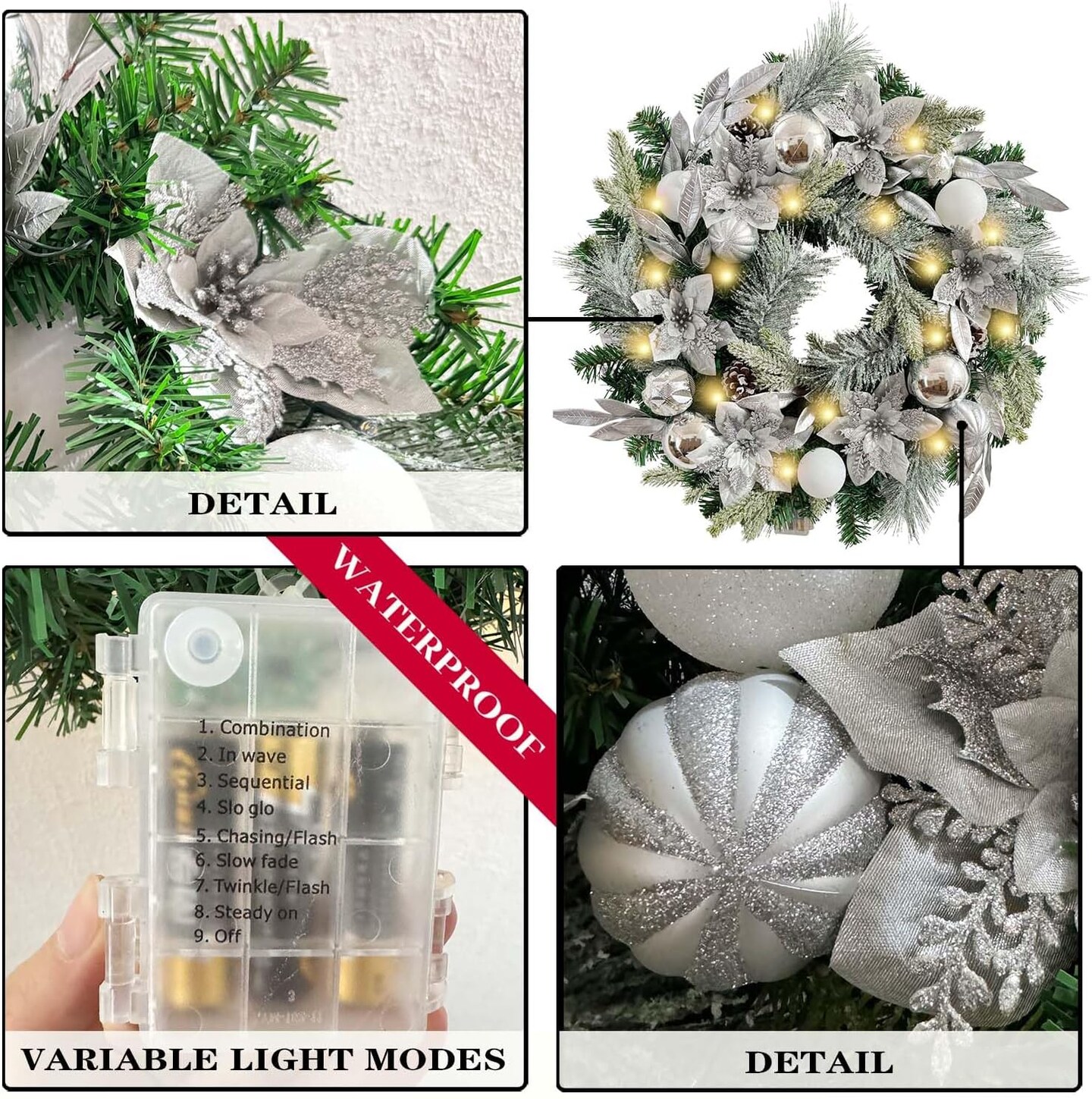 Pre-Lit 24 Inch Lighted Christmas Wreath for Front Door Decor with Silver White Christmas Ball Ornaments and Poinsettia Flowers,Battery Operated 30 LED Lights