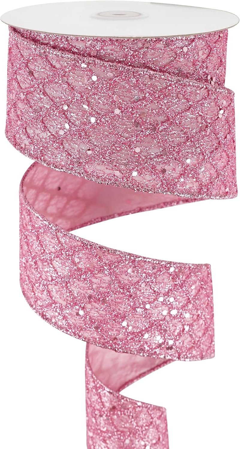 Pink Glitter Wired Ribbon for Christmas Tree 2.5 inch Light Pink Diamond Mesh Wire Ribbon for Tree Decoration, Wreaths, Garland, Gift Wrapping, Bows Making, Home Decor -10 Yards