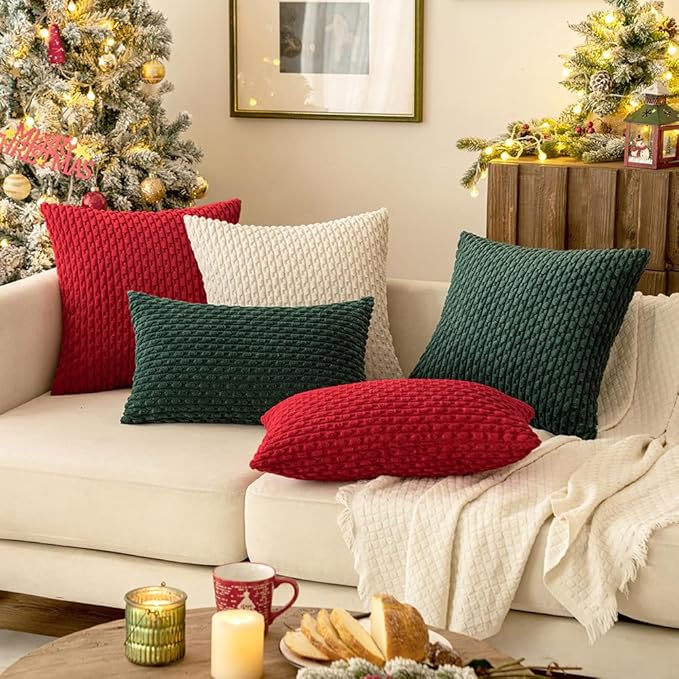 Red Throw Pillow Covers Soft Corduroy Decorative Set of 2 Boho Striped Pillow Covers Pillowcases Farmhouse Home Decor for Christmas Couch Bed Sofa Living Room 18x18 Inch