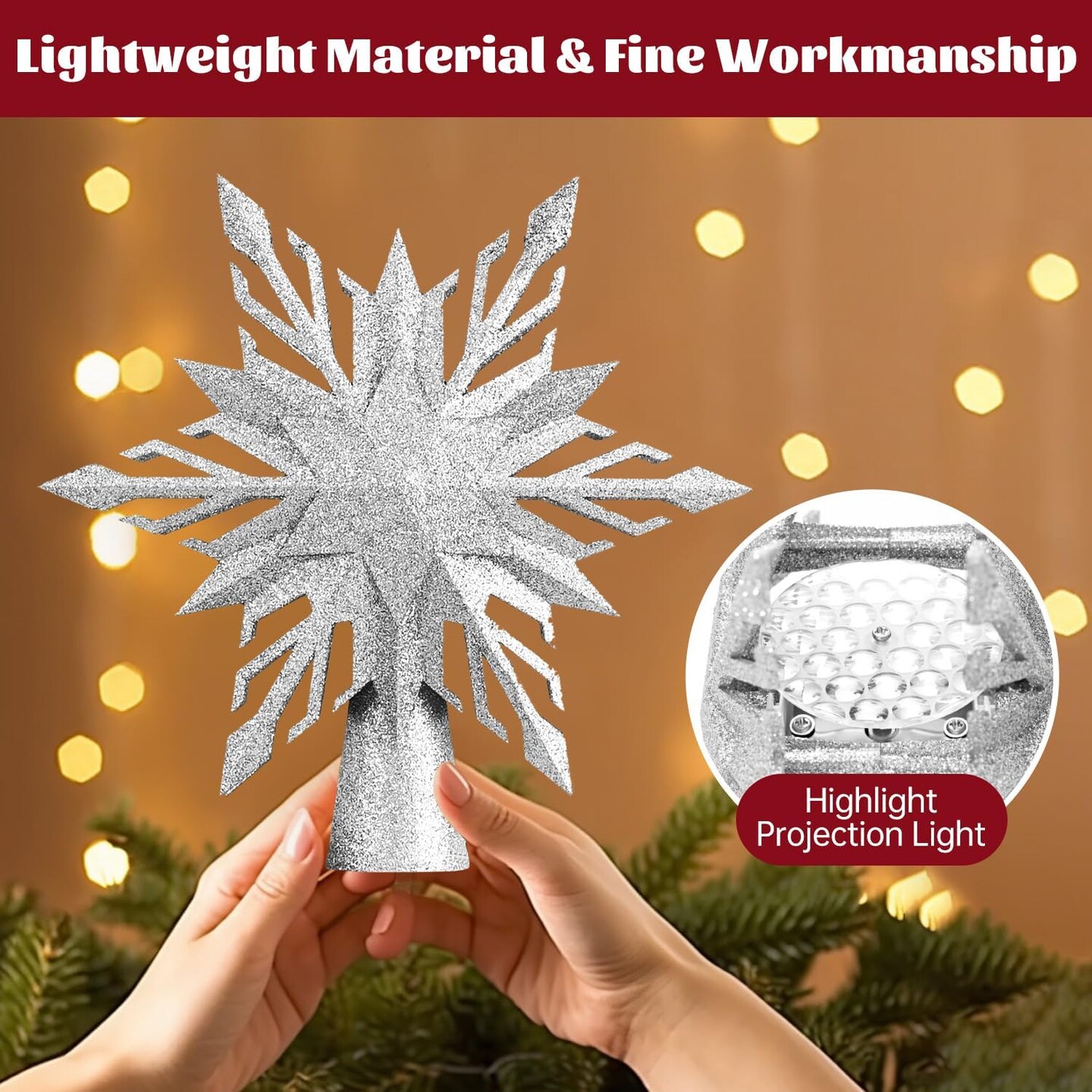 Christmas Star Tree Topper Lighted with Led Snowflake Projection, Christmas Tree Topper Star with Built-in LED Rotating 3D Projector Lights, Christmas Decoration for Family Office Indoor (Silver)