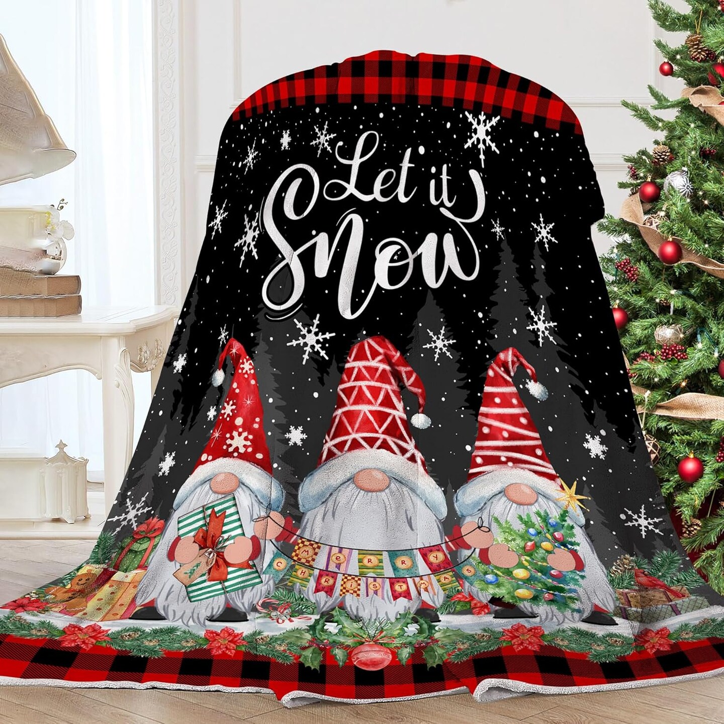 Christmas Blanket Soft Cozy, Red Gnomes Snow Christmas Decorations Indoor Blankets and Throws for Sofa Couch Bedroom Living Room, for Women Men, Flannel Fleece Throw Blankets 50x60
