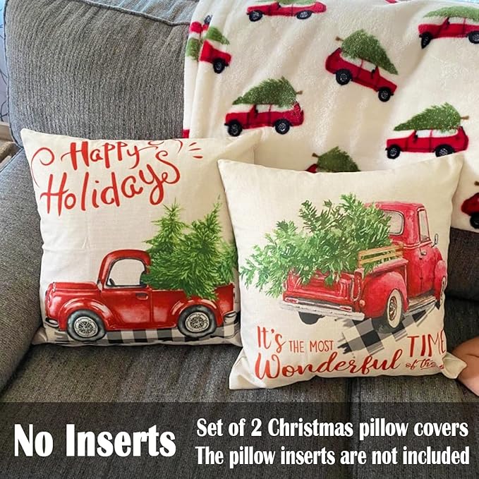 Red Truck Christmas Decor Outdoor Christmas Throw Pillow Covers 18x18 for Home Car Office, Set of 2