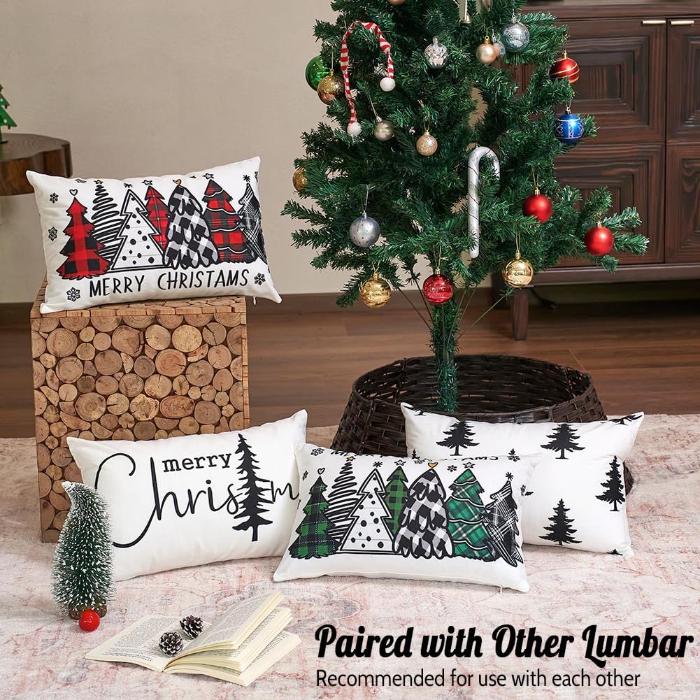 Black and White Christmas Tree Lumbar Pillow Covers 12x20 Set of 2, 12 x 20 Black Neutral Christmas Decor Lumbar Pillow Covers, Xmas Winter Holiday Throw Pillows for Sofa Couch Bed