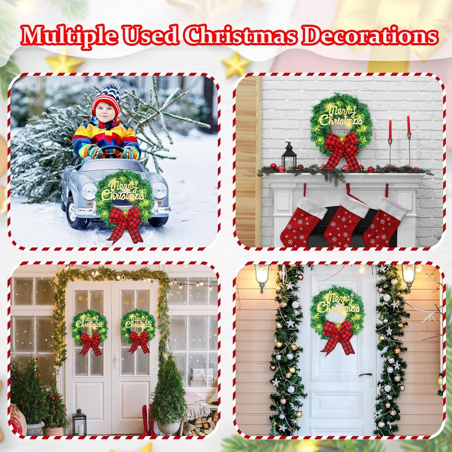 11.8" Christmas Car Wreath,Lighted Xmas Decoration for Car Front Grill,12V Plug-in Christmas Lighting Wreath with Bow for Trucks SUVs RVs