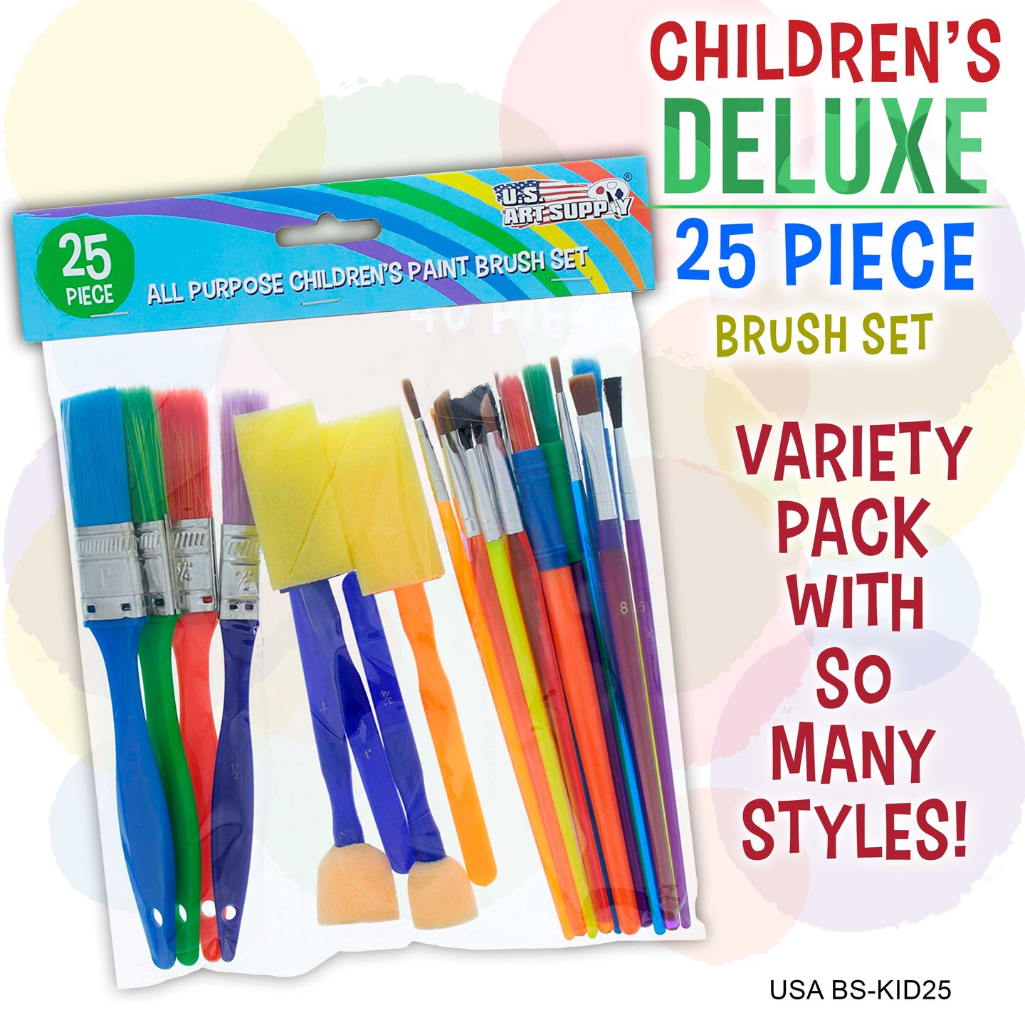 U.S. Art Supply 25-Piece Children&#x27;s All Purpose Paint Brush Set - 6 Types, Flat, Round, Chip, Mop, Foam Tipped Brushes - Kid&#x27;s Party, Student Painting