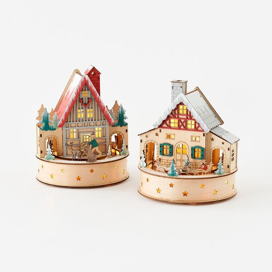 Bavarian Christmas Village - Scandinavian Wooden Lodge Revolving Music Box (Choose from 2)