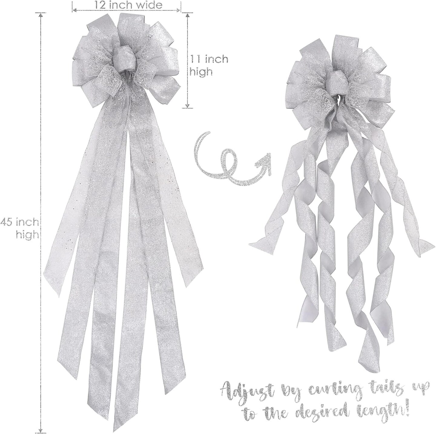 Silver Christmas Tree Topper Silver Glitter Christmas Bows 12&#x22; Wide Snowflake Ribbon Bow Silver Christmas Bows Silver Tree Topper Silver Bows for Christmas Tree (1 Pack)