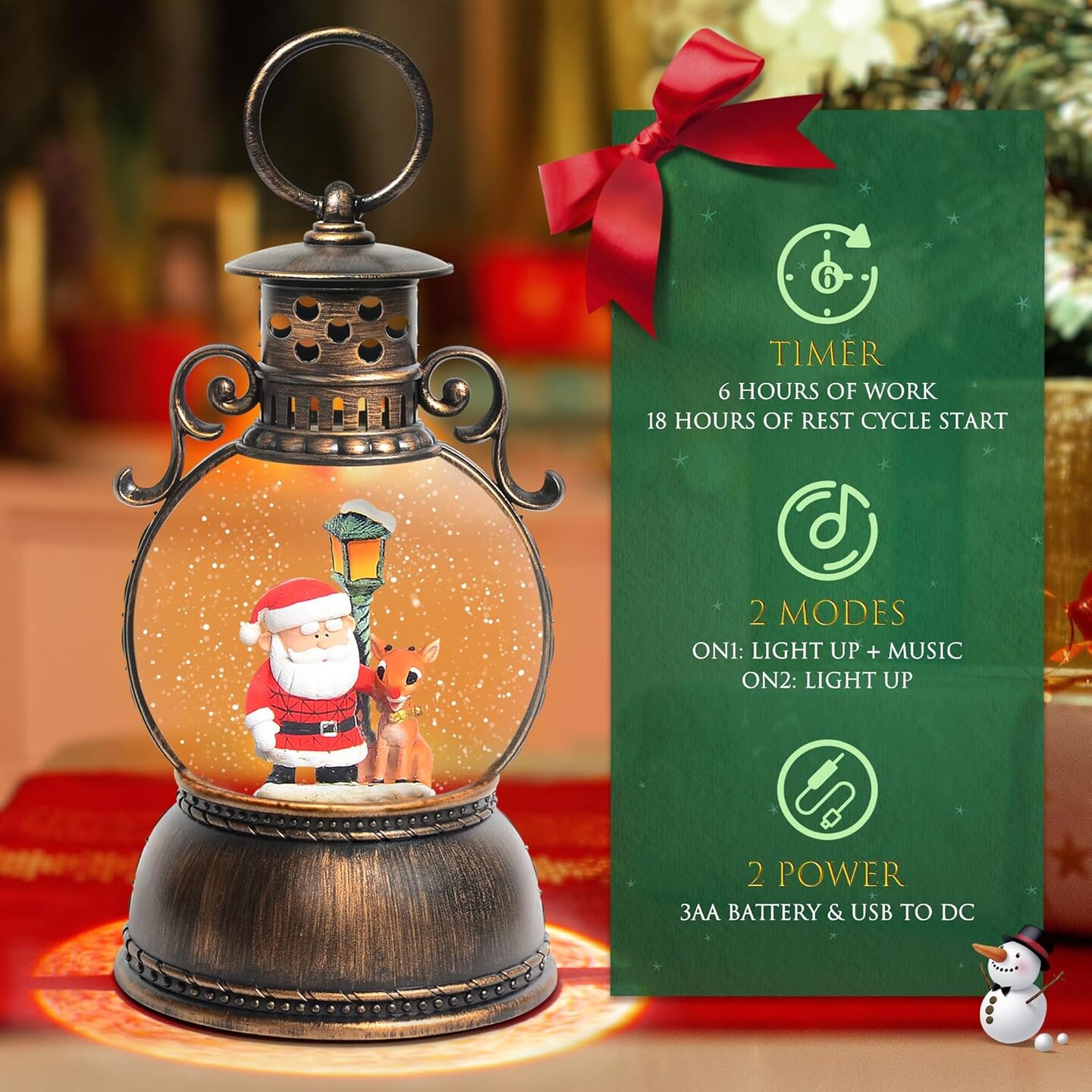 Christmas Snow Globes, Santa Claus and Deer Christmas Lantern with 8 Songs, 6H Timer Battery &#x26; USB Powered Glitter Music Box for Christmas Table Decorations Holiday