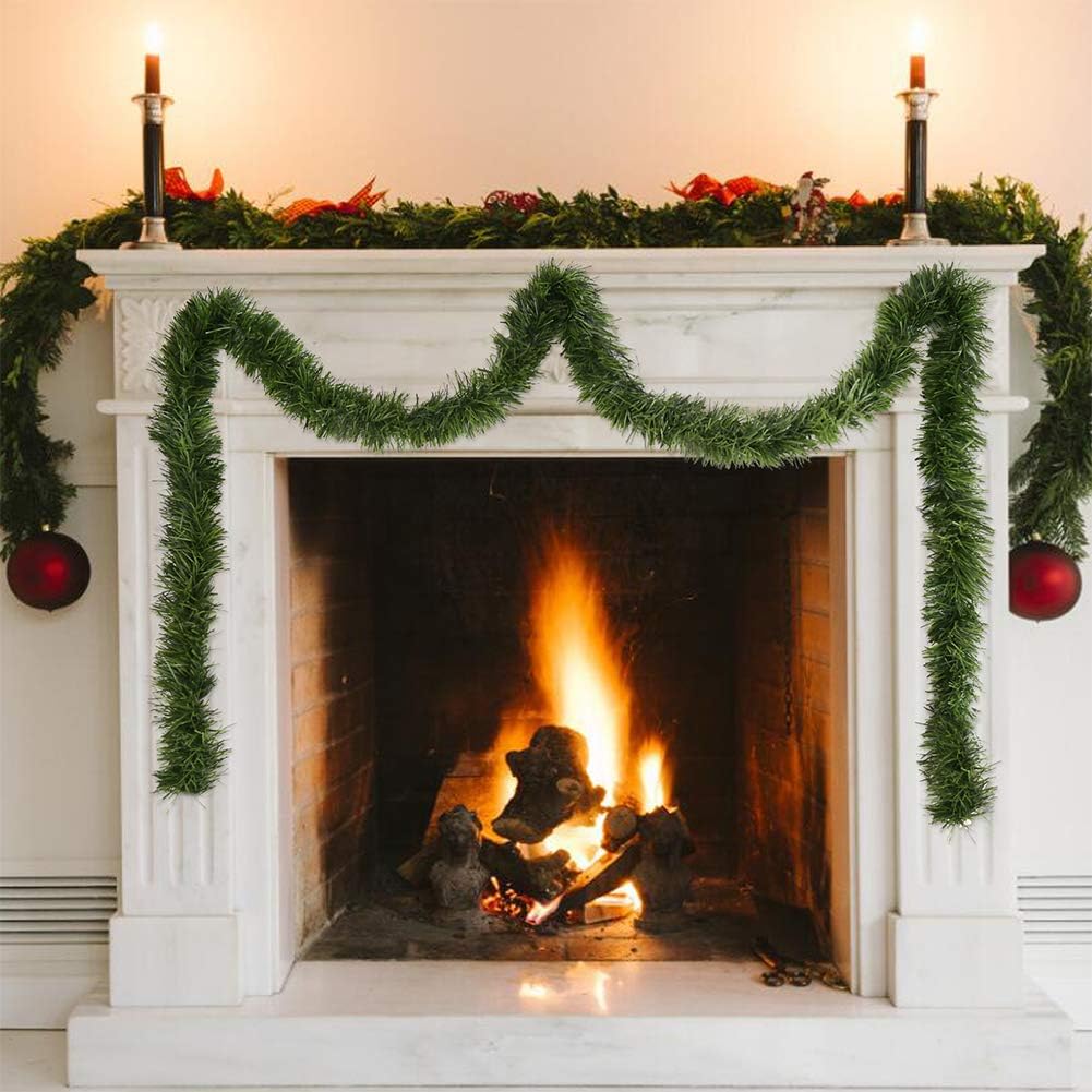 50 Feet Green Tinsel Garland Artificial Christmas Pine Decorative Garland Greenery Tinsel Stems Non-Lit Soft Twist Garland 12 Inch x 2Inch for Holiday Season Outdoor Indoor Party Decorations