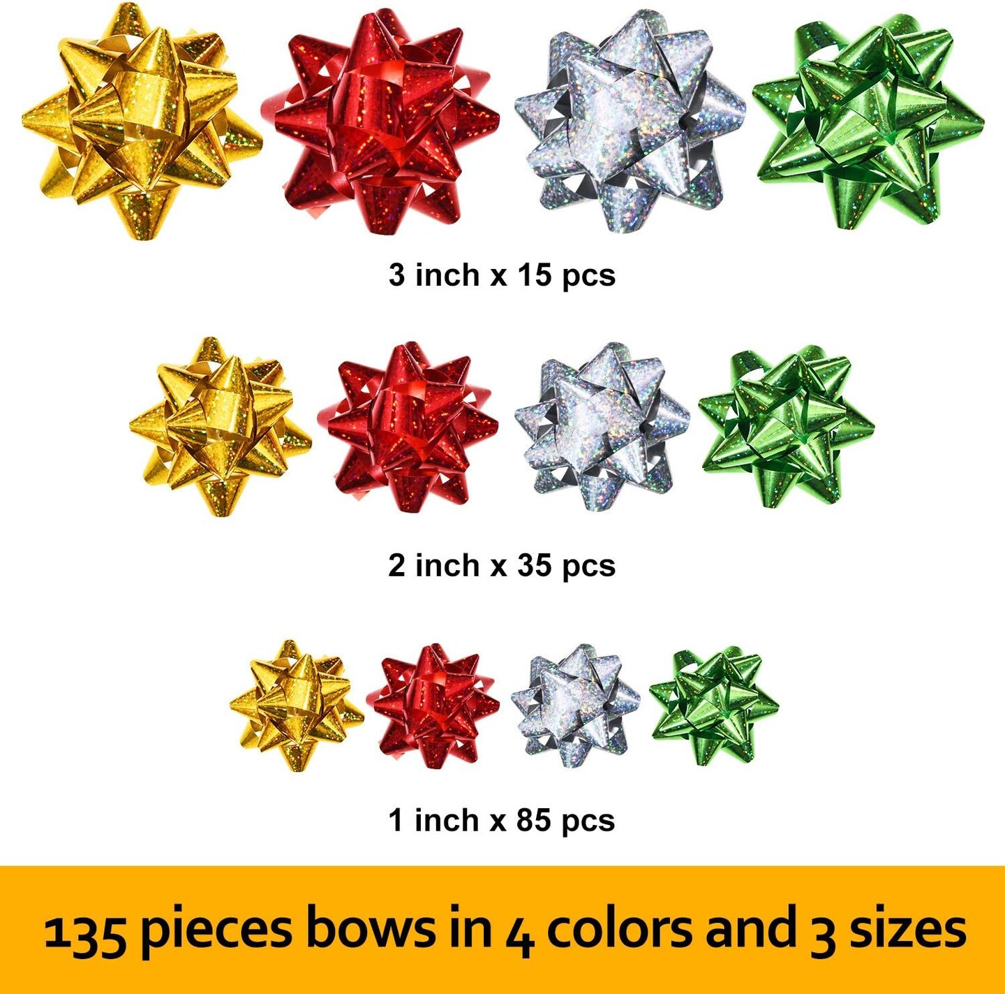 135 Pieces Christmas Colorful Gift Bows Self Adhesive Gift Wrap Bows Metallic Bows for Holiday Christmas Birthday Party Favor, 3 Sizes