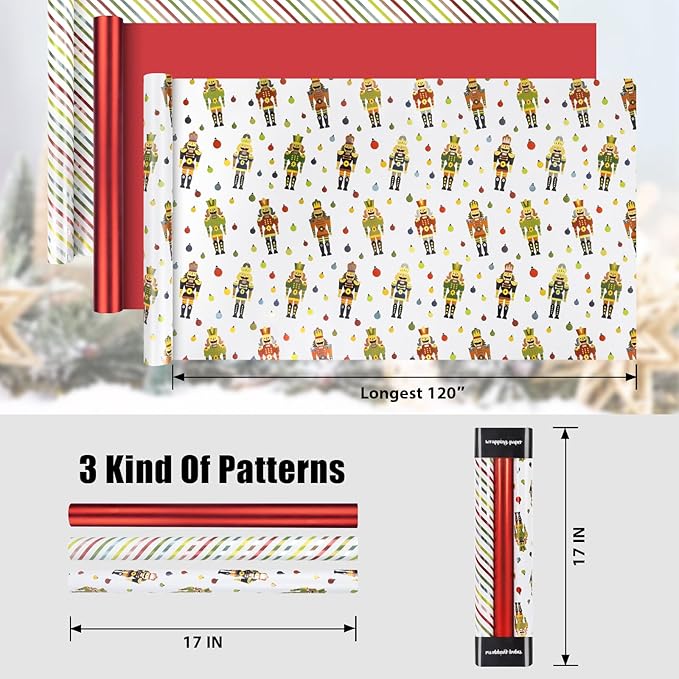 Christmas Wrapping Paper Rolls - Mini Roll, Christmas Stripes and Nutcracker Wrapping Paper Christmas, 3 Roll -17In*120In Per Roll