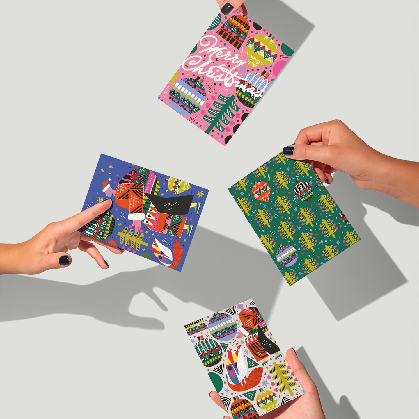 Folk Art Christmas Cards - 24-Pack Holiday Greeting Cards with 4 Vibrant and Colorful Designs, Perfect for Sharing Merry Christmas &#x26; Holiday Wishes, Blank Inside for Personalized Messages - Unique and Artistic Stationery Set