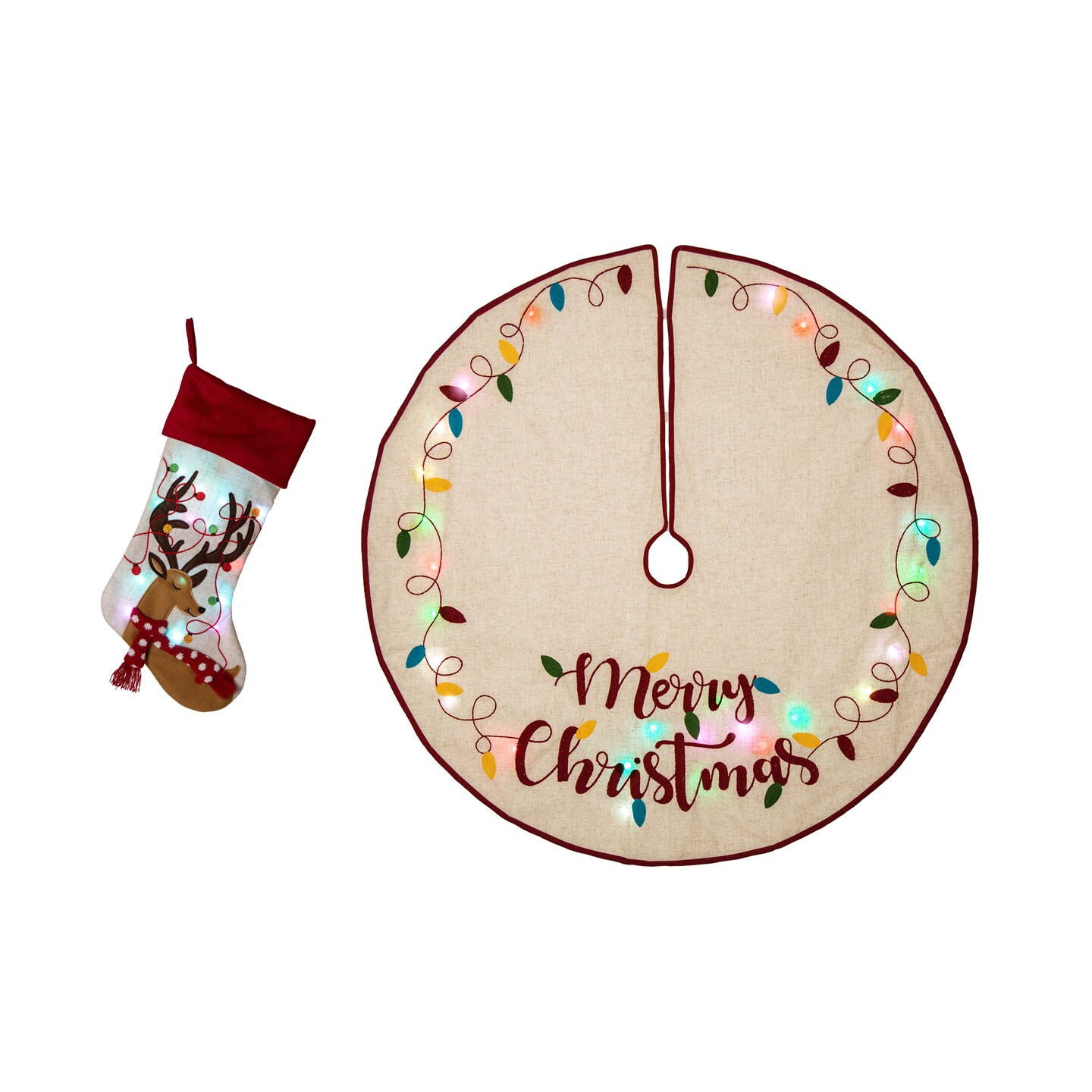 LED Embroidered Linen Christmas Decoration(Stocking/Tree Skirt)
