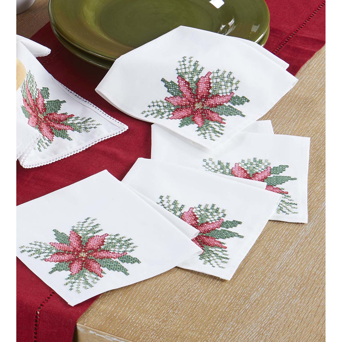 Herrschners  Poinsettia on White Napkins Stamped Cross-Stitch