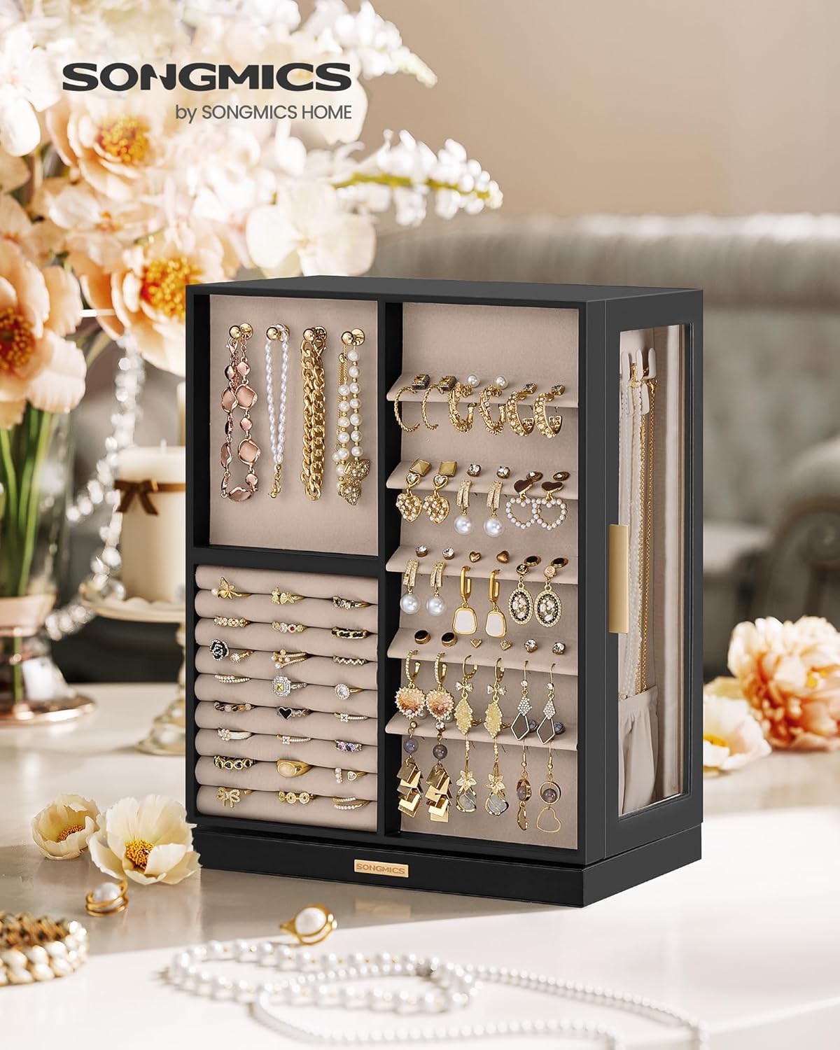 Jewelry Box 360&#xB0; Rotating, Jewelry Storage Case with 7 Drawers, Jewelry Organizer, Glass Window, Spacious, Vertical Jewelry Storage, Open Design, Christmas Gift, Ink Black UJBC201B01
