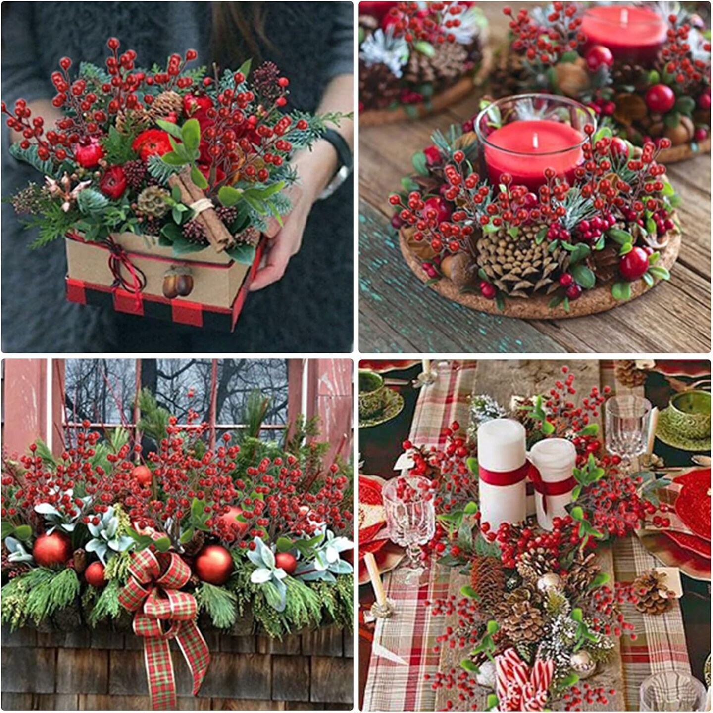 Red Berry Stems Fake Holly Berries for Xmas Tree Ornaments DIY Wreath Vase Fireplace Decor