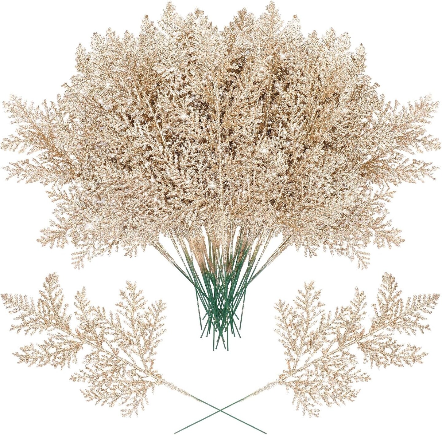 100 Pcs Christmas Tree Picks Sprays 10.24 Inch Glitter Artificial Pine Leaves Cedar stem Faux Pine Needles Greenery Cedar Branches Ornament for Home Garland Wreath Winter Decor(Champagne Gold)