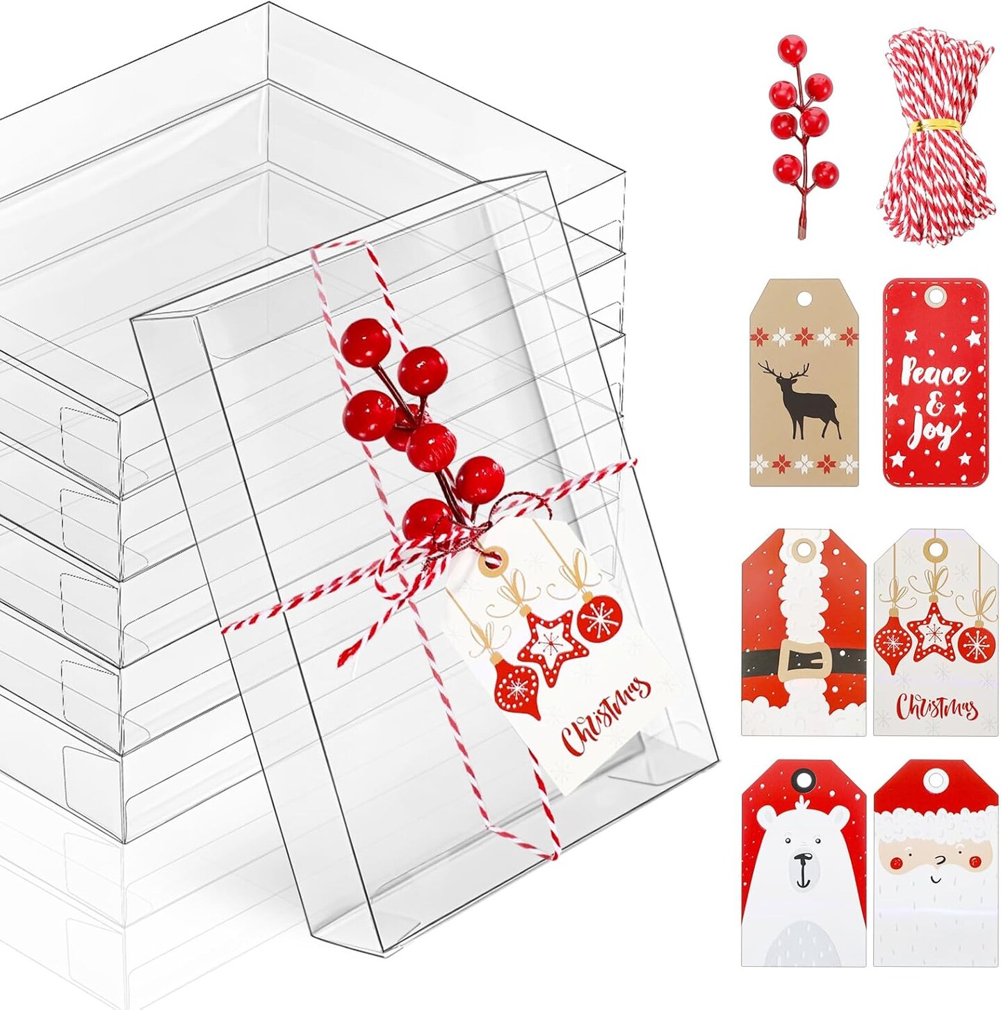 Boxes PET Plastic Crystal Storage Box with Christmas Tags, Red and White Twine, Decorative Berries, 5.39 x 7.36 x 1 Inch Photo Transparent Box Greeting Card