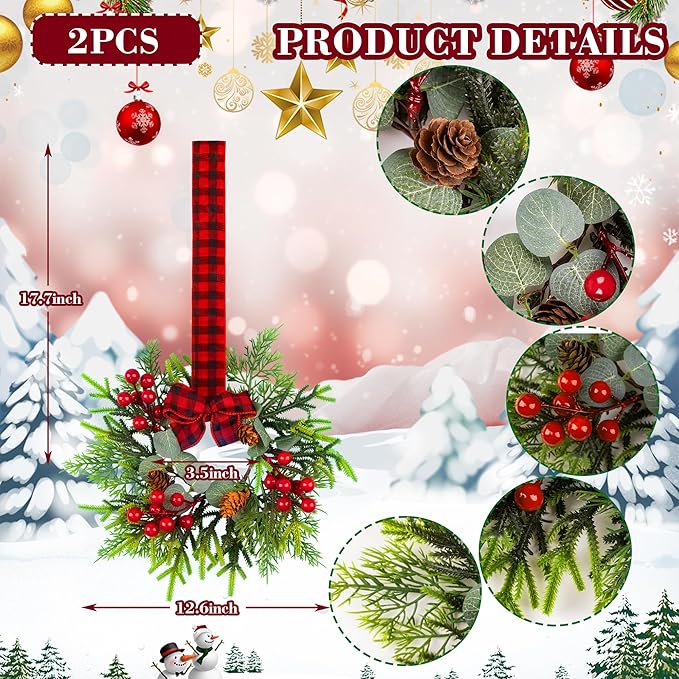 Small Christmas Wreath Set of 2 - Mini Wreaths with Red Berry Pine Eucalyptus for Kitchen Window Decor Small Farmhouse Wreaths Garland for Indoor Home Cabinet Decorations