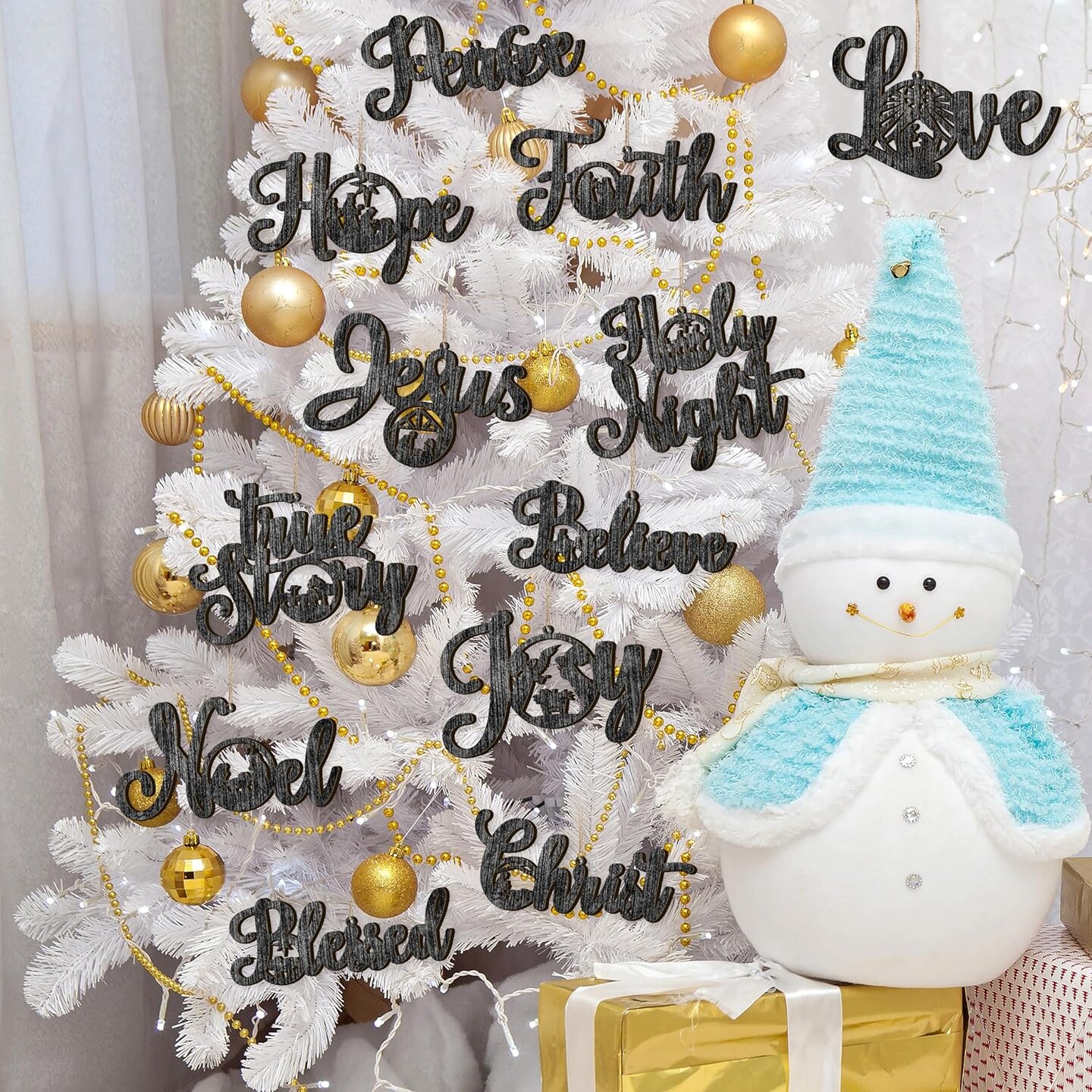 Christmas Nativity Scene Tree Ornaments Christmas Wooden Hanging Ornaments Word Sign Religious Letter Hanging Craft The Birth of Jesus Wooden Decorations for Xmas Outdoor Home Decor (Black)