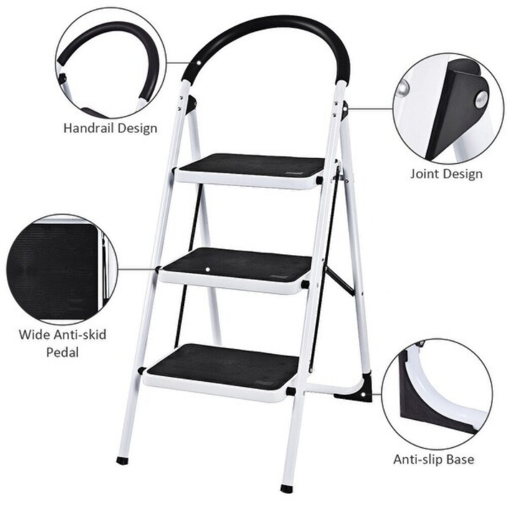 3-Step Space-Saving Foldable Ladder with Safety Rail and Wide Pedals Ideal for Home and Office