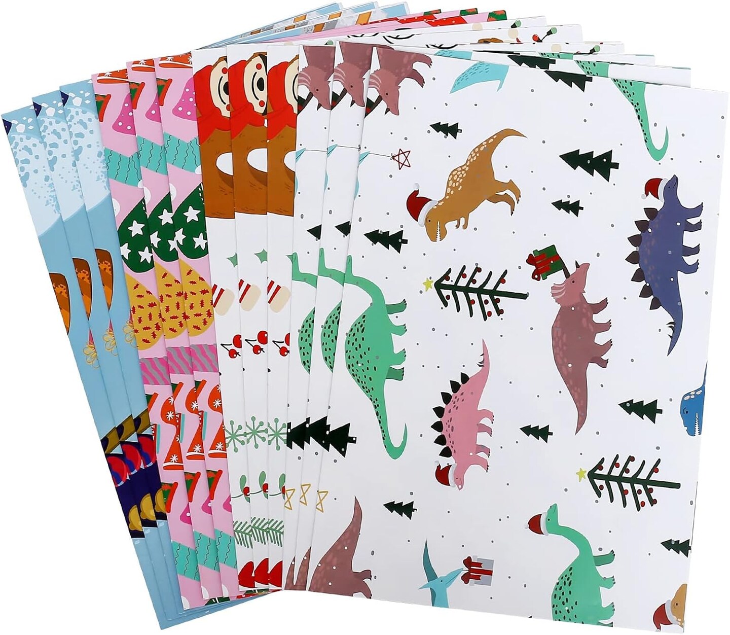 Christmas Wrapping Paper for Kids Boys Girls Baby Women Men - 12 Sheets Xmas Gift Wrap 4 Cartoon Designs Dinosaur, Sloths, Snowmen, Socks - Folded Flat, 20 Inch X 29 Inch Per Sheet
