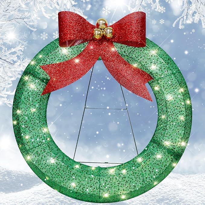 Lighted-up Christmas Wreath Bow with Lights 31.5&#x22; Prelit Outdoor Christmas Wreath Metal Holiday Decoration, Lighted Artificial Green Wreath with LED Lights, Lighted Christmas Indoor Home Display