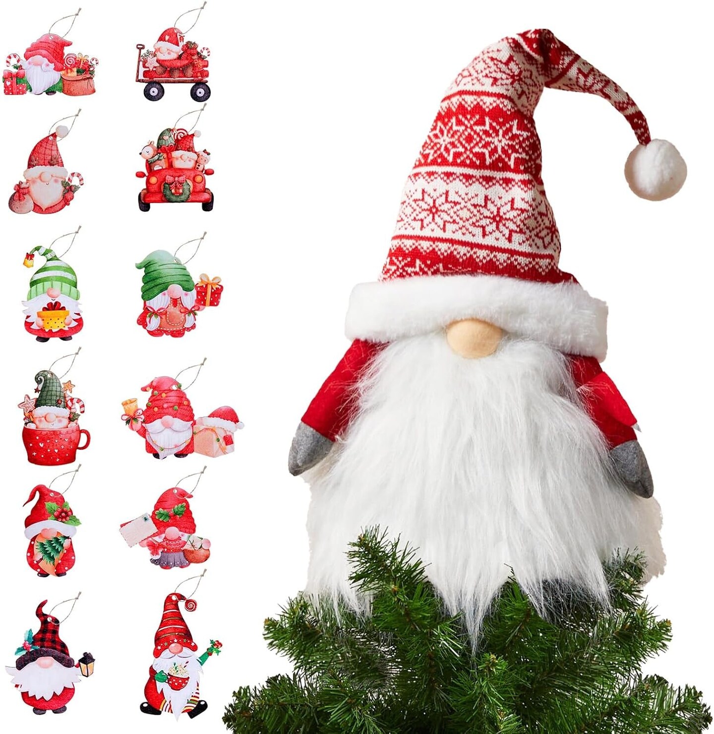 Gnome Christmas Tree Topper with 12Pcs Hanging Gnomes Ornaments,27.5 Inch Large Swedish Tomte Gnome Christmas Ornaments Santa Gnomes Plush Scandinavian Christmas Decorations Holiday Home D&#xE9;cor