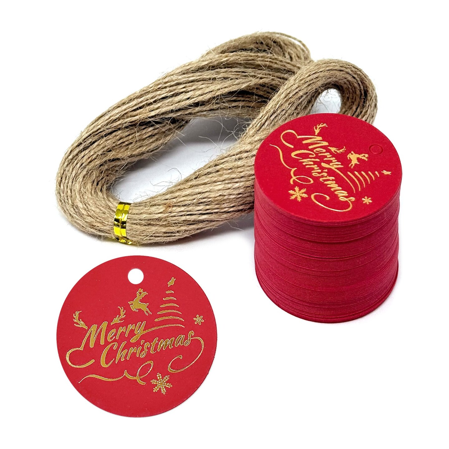 Wrapables 1.75 Inch Round Circle Gold Foil Christmas Holiday Gift Tags / Kraft Paper Hang Tags for Gift-Wrapping, Package Decoration with Jute String (100pcs), Red