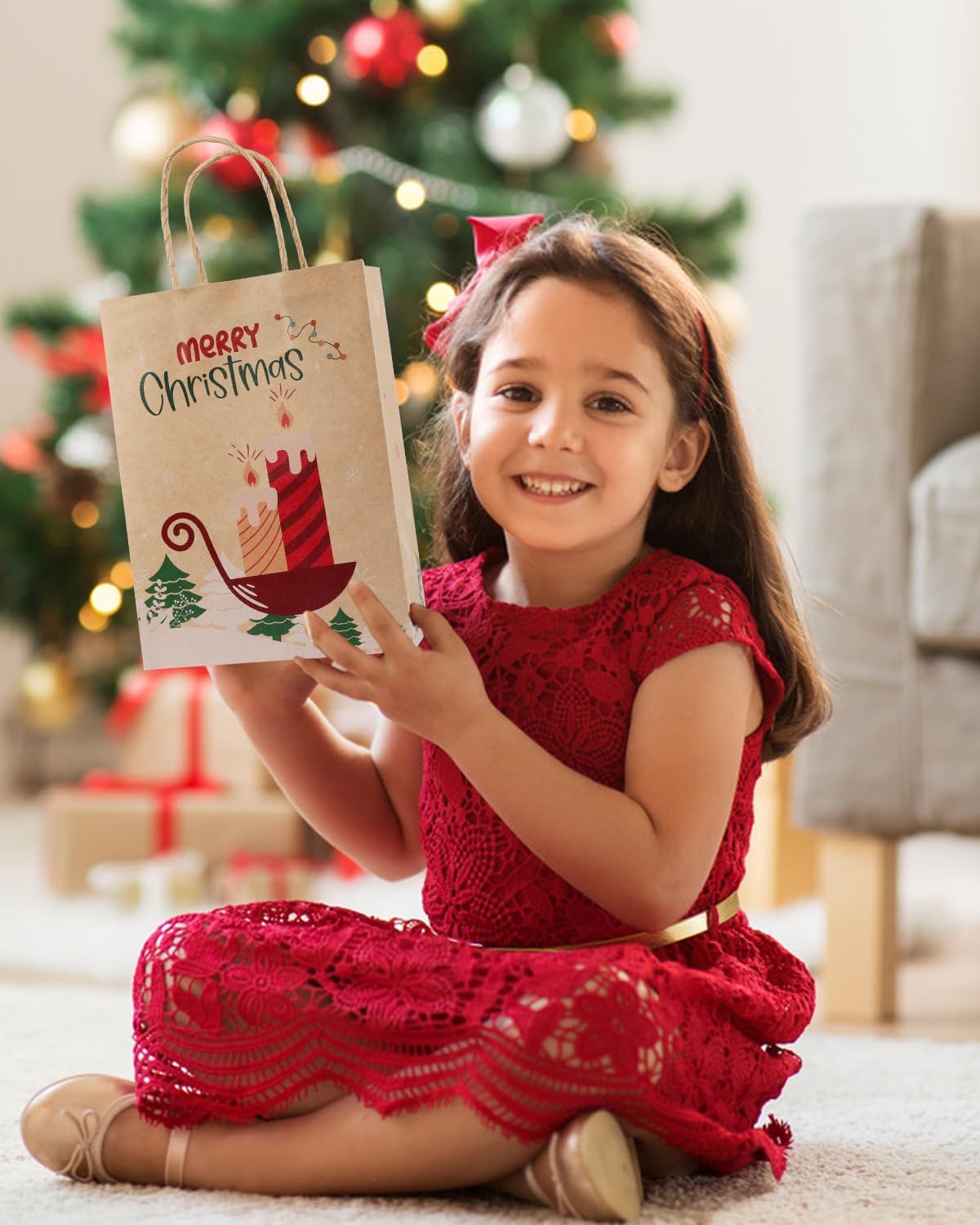 24 Pack Christmas Gift Bags, 6 Designs Christmas Kraft Paper Bags, 8.26x5.90x3.14 Inches with Handles Xmas Gift Bags, Suitable for Holiday Kraft Paper Gift Bags, Reusable Christmas Gift Bags