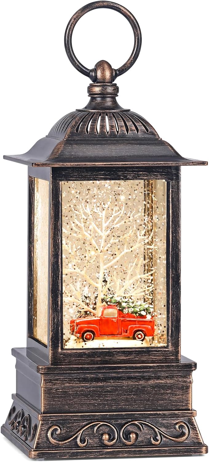 Christmas Snow Globe Red Truck Lantern, Glitter Lighted Christmas Decorations for Home with Music, Light Up Snowglobe Christmas Décor