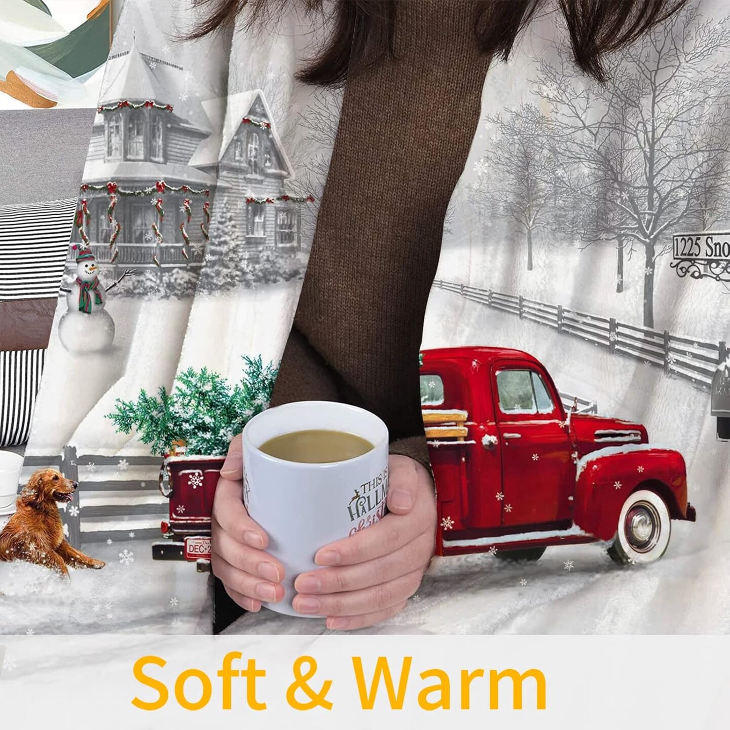 Christmas Throw Blanket Winter Holiday Snow Red Truck and Dog Fannel Blanket Soft Plush Warm Throw Blanket for Bed Couch Living Room Sofa Chair(White, 50&#x22; x 60&#x22;)