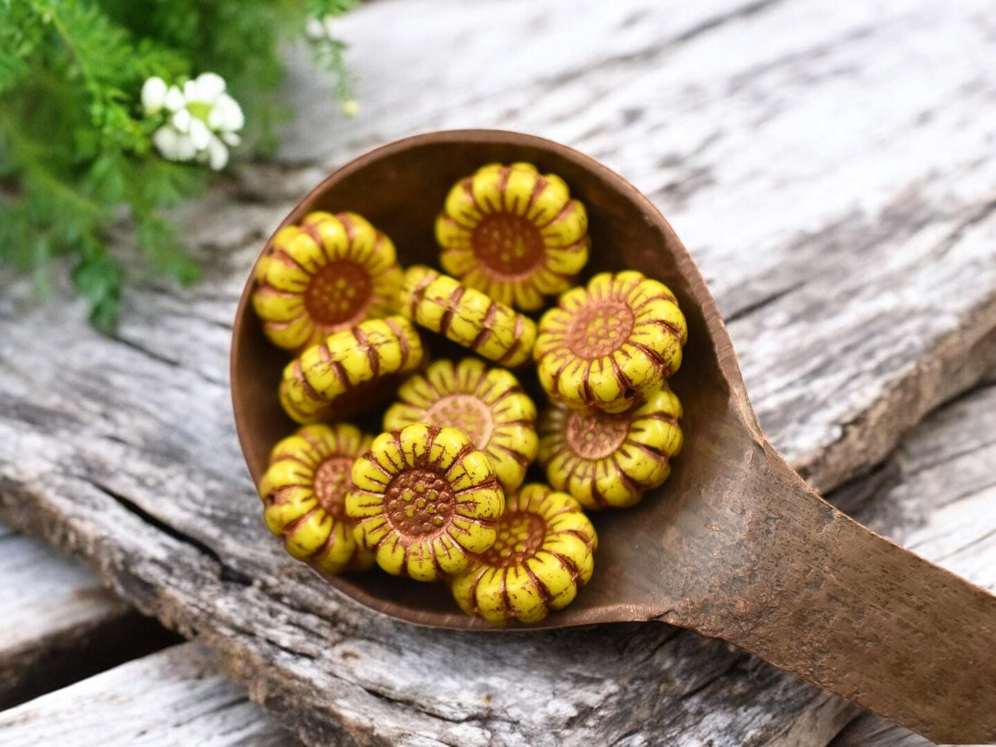 *12* 13mm Copper Washed Opaque Sunflower Yellow Sunflower Coin Beads