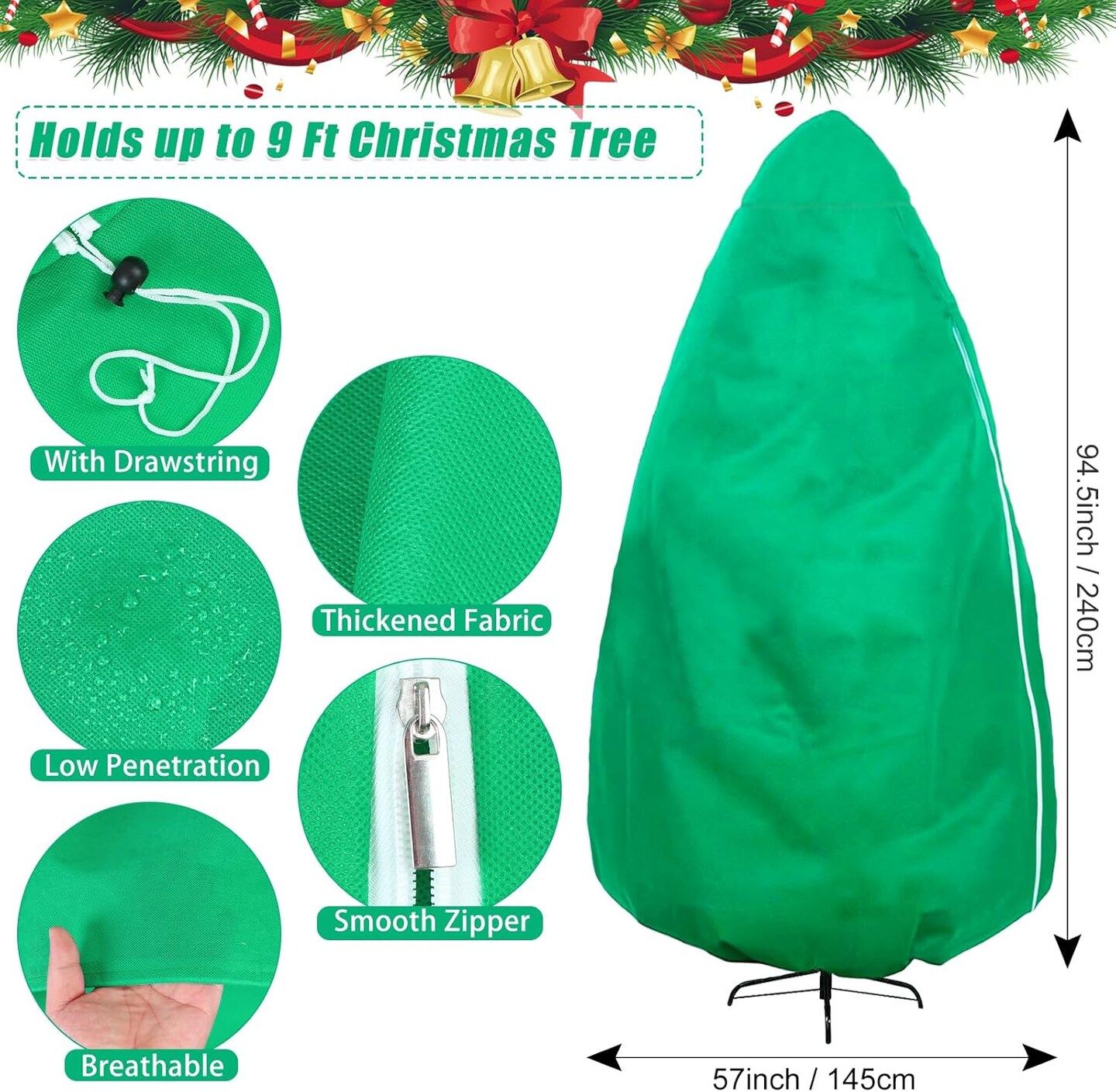 Upright Christmas Tree Storage Bag, Christmas Tree Cover for Up to 9FT x 6FT Standing Artificial Xmas Tree with Ornaments, Large Holiday Assembled Christmas Tree Bag with Zipper and Drawstring(Green)
