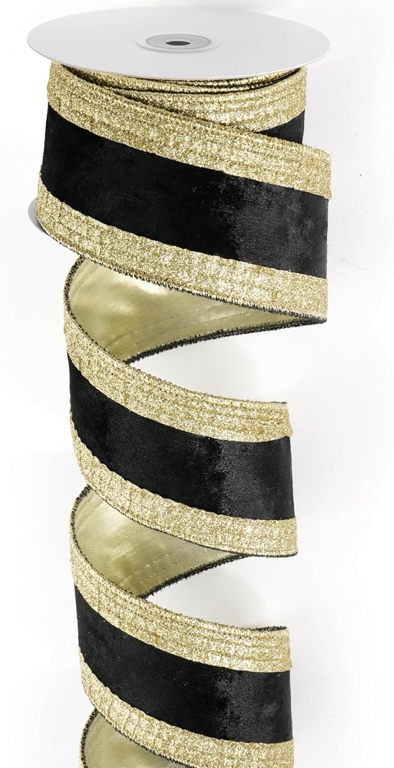Black and Gold Velvet Wired Ribbon 2.5&#x22; X 10 Yards Black Velvet with Gold Glitter Border Stripe Christmas Ribbon for Tree, Wreath Supplies, Garlands Making, Crafts Projects, Home Decor