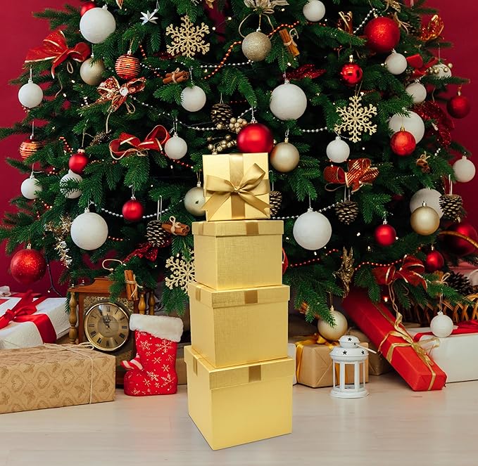 Christmas Gift Boxes with Ribbon Bow Set Of 4 Assorted Sizes Reusable Cardboard Stacked Nesting Box with Lids for Gift Giving Holiday Decorative Gifts Present Wrapping