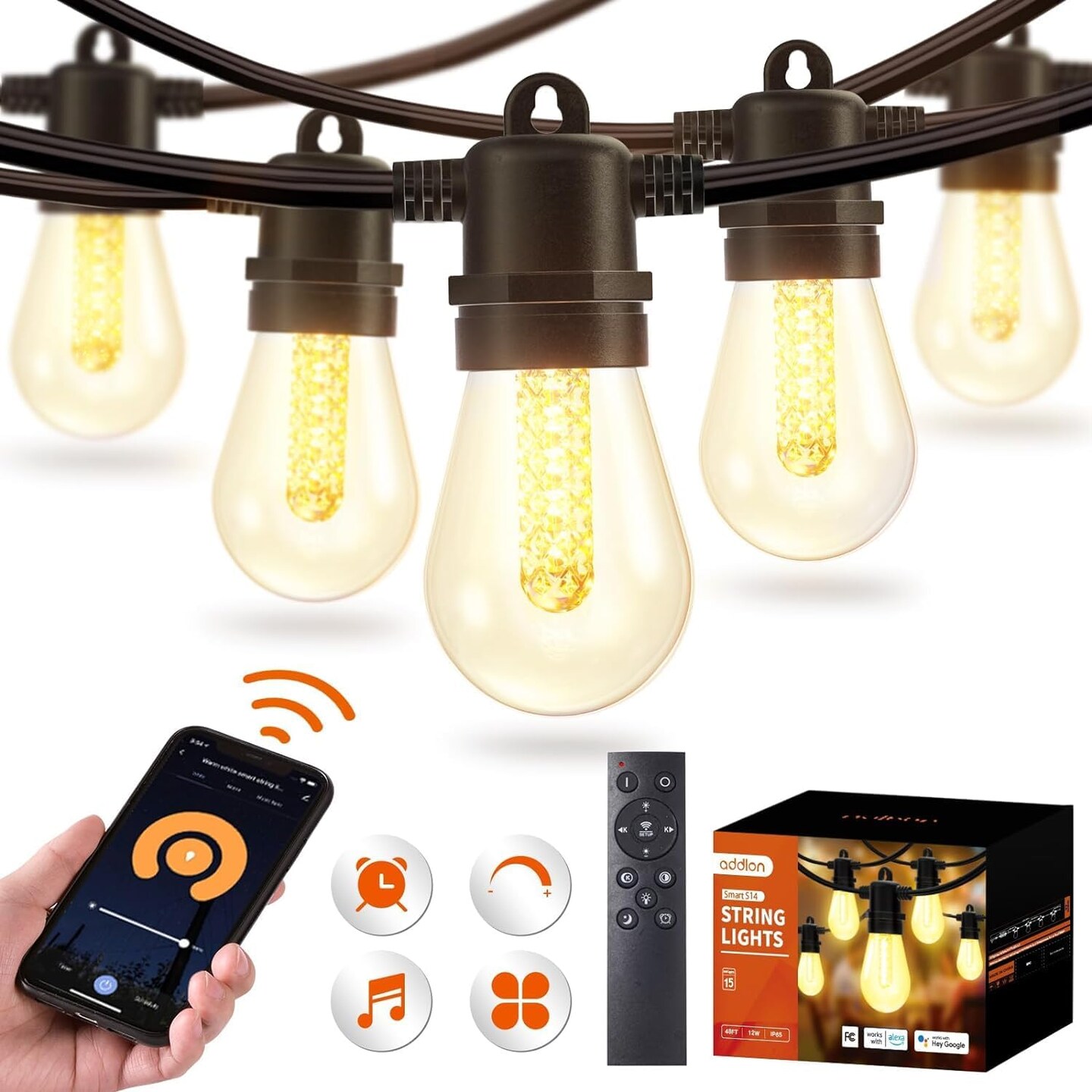 48FT Smart Outdoor String Lights with Remote, Dimmable Patio Lights with 15 LED Edison Waterproof Bulbs, String Lights for Outside Works with APP, Music Sync Outdoor Lights for Gazebo Backyard