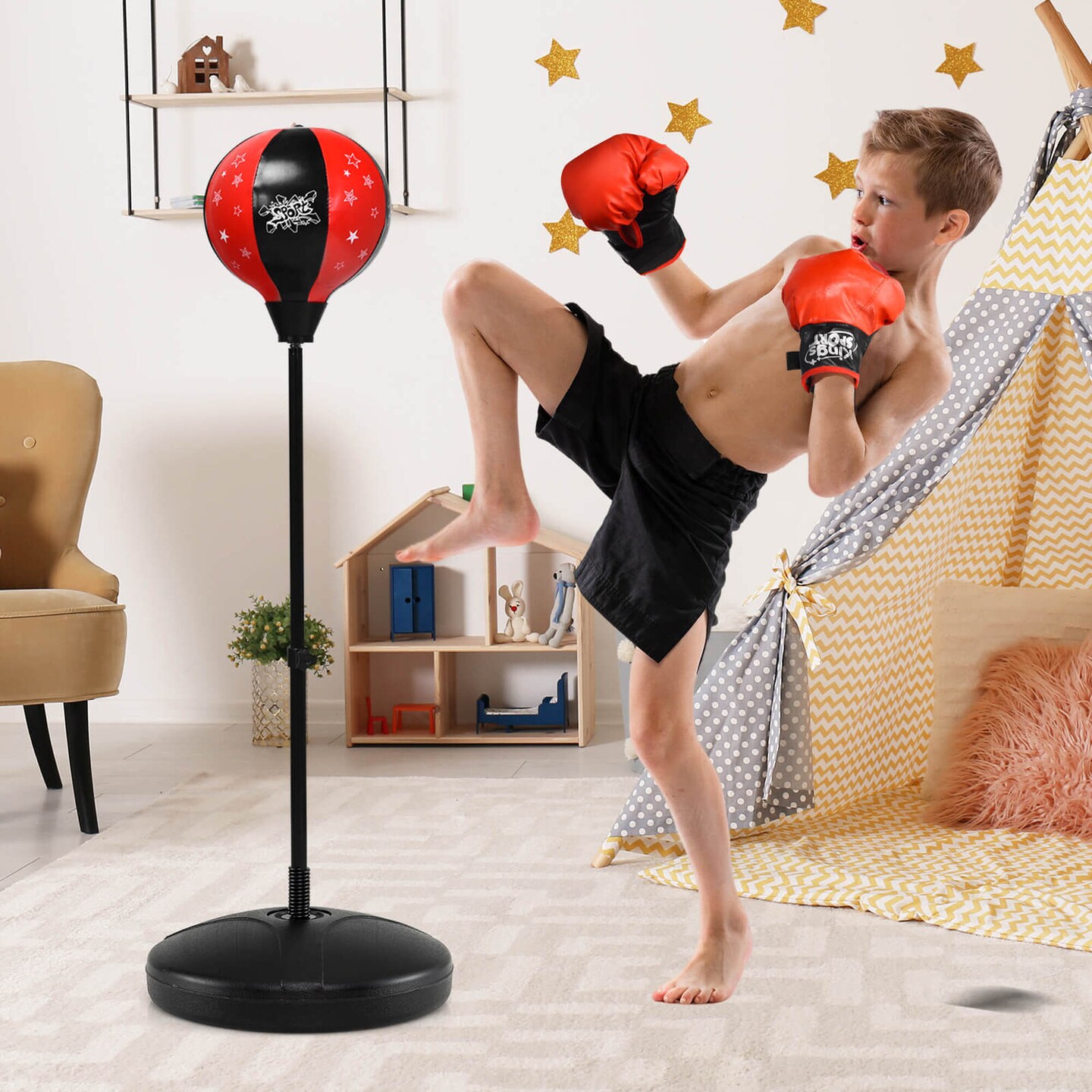 Costway Kids Punching Bag Toy Set Adjustable Stand Boxing Glove Speed Ball with Pump Red/Pink