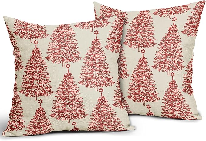 Christmas Pillow Covers 18x18 Set of 2 Red Xmas Tree Star Rustic Winter Print Decorative Outdoor Pillowcases Farmhouse Vintage Holiday Decorations Throw Cushion Case Decor for Couch Sofa Bed