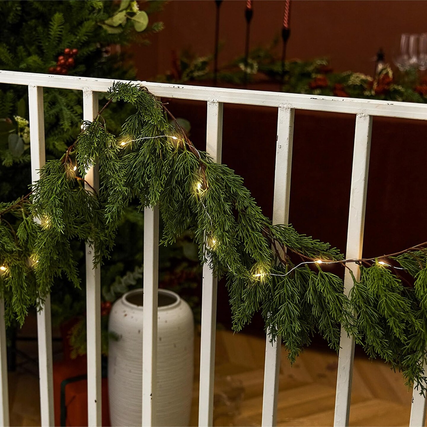 Garland with Lights Pine Needle Cypress Garland for Holiday Winter Indoor Outdoor Decor