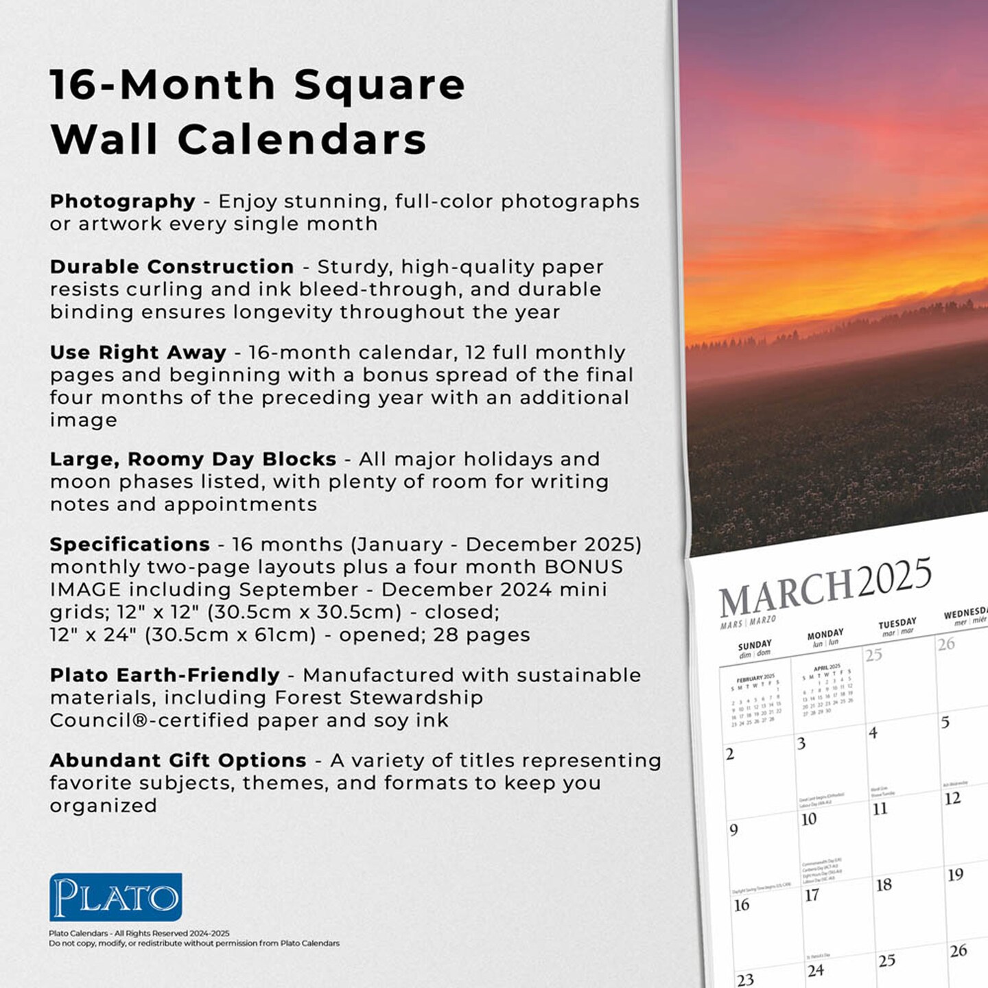 Sunsets | 2025 12 x 24 Inch Monthly Square Wall Calendar | Foil Stamped Cover | Plato | Nature Photography Science